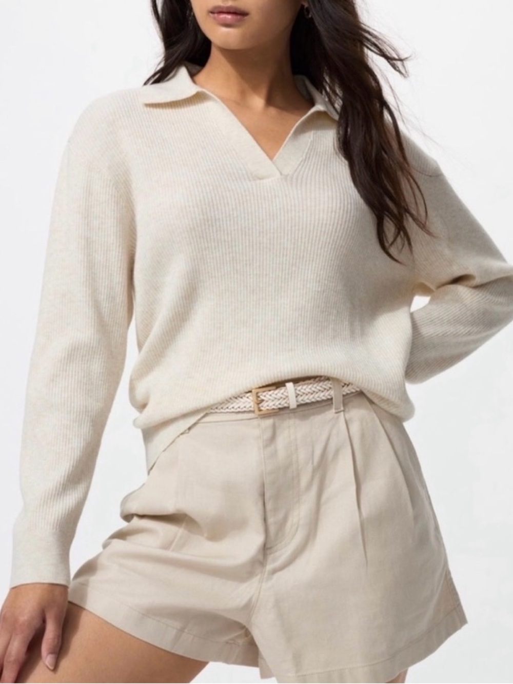 Uniqlo Light Cream Ribbed  Polo V-Neck Sweater